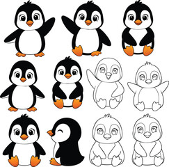 Fototapeta premium Ten Cute Cartoon Penguins Black White Orange adorable