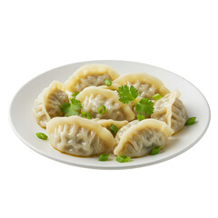 Seven Steamed Dumplings on White Plate with Cilantro and Scallions