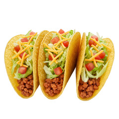 Three Ground Beef Tacos with Lettuce, Tomato, and Cheese