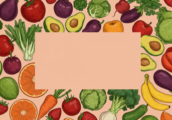 Healthy eating campaign layout – vibrant fruit and vegetable illustrations, large central area for nutrition tip or quote