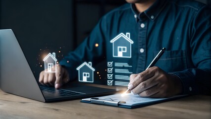Online housing market and real estate innovation. A professional using digital tools for home searching, property investment, and virtual real estate transactions.