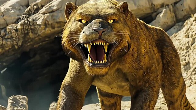 Saber Toothed Tiger Roaring in a Prehistoric Landscape. Smilodon, an extinct ice age predator with large fangs, showing aggression.