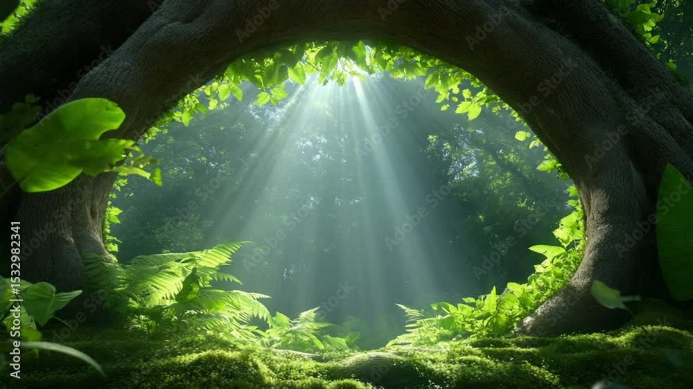 Poster Forest Archway: A captivating perspective through a natural archway of a forest's trees, allowing sunbeams to pour into the space, creating an awe-inspiring light display