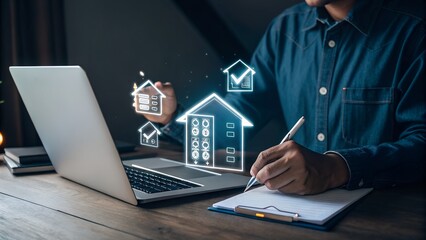 Online housing market and real estate innovation. A professional using digital tools for home searching, property investment, and virtual real estate transactions.