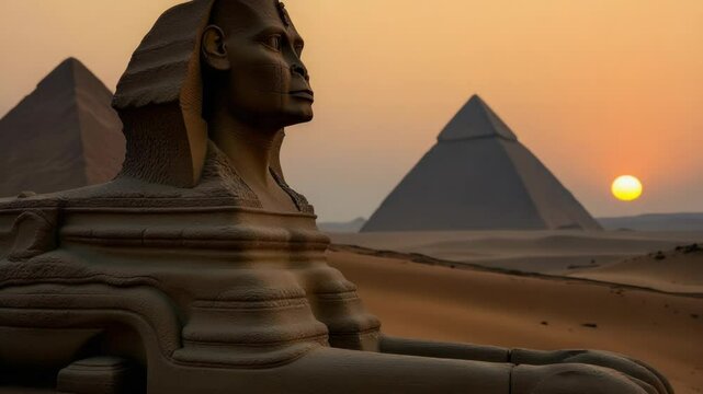 A majestic sphinx guards the entrance to an ancient Egyptian pyramid.