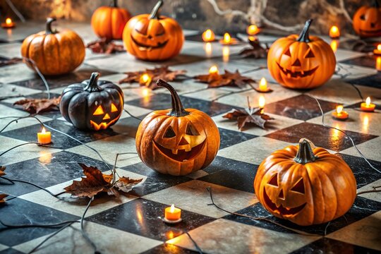 Halloween Decor Set on Cracked Floor Tiles