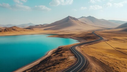 Winding road through a scenic desert landscape with a turquoise lake.