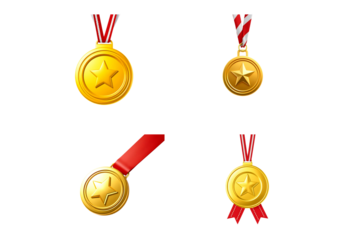 Four gold medals with star design isolated on transparent background