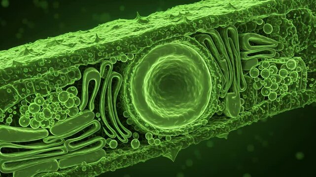 Cross-section of a plant cell, showing chloroplasts, large central vacuole, and cell wall, with realistic textures and soft green lighting