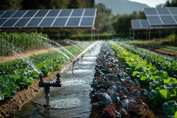 Water jets efficiently irrigating vibrant rows of fresh vegetables on a sustainable farm, harnessing solar energy for eco friendly farming