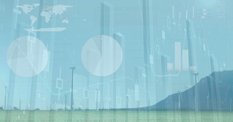 Showcasing wind turbines between grassy plain and mountain, showing data charts world map skyline