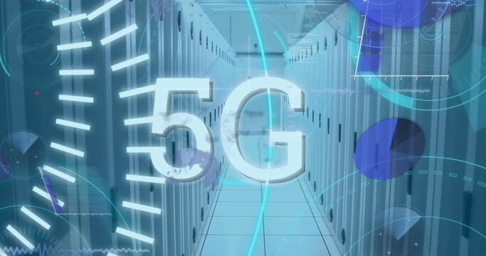 Image of 5g text banner, round scanners and data processing against computer server room - Powered by Adobe