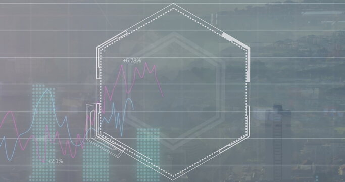 Hovering white dotted hexagon frame over cityscape, with pink blue line graphs, teal dotted bars