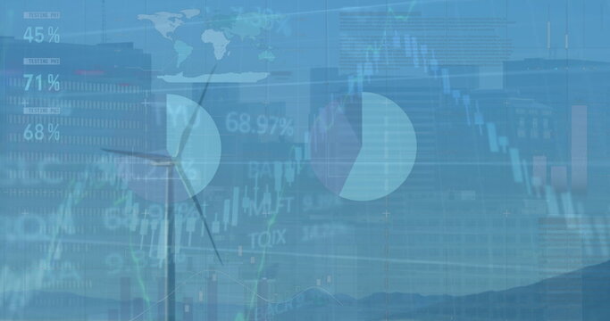 Presenting wind turbine blending data overlays on mountain ridge, with line charts, world map