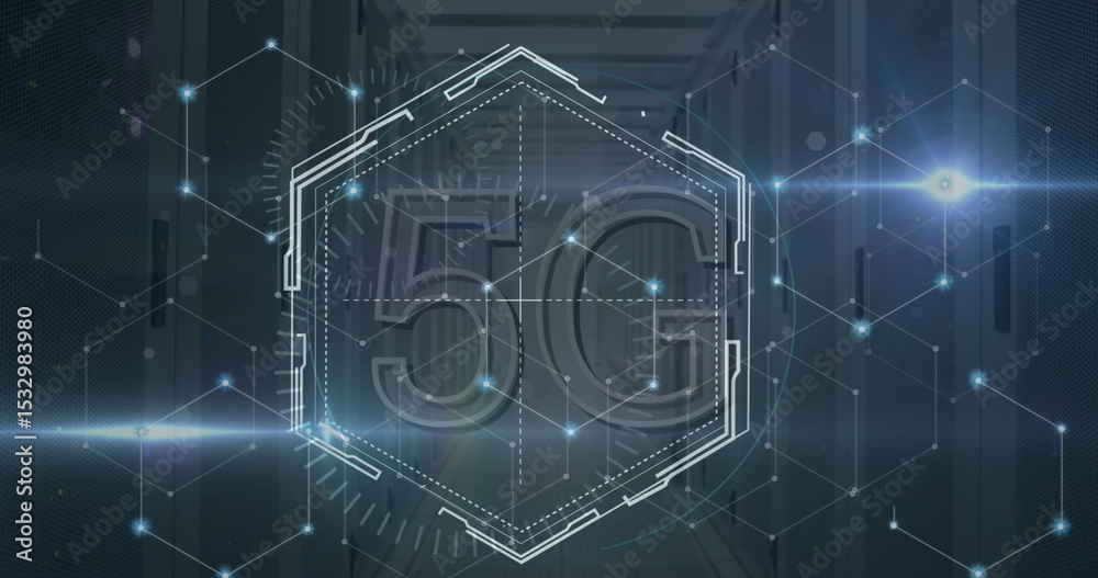 Poster showcasing large translucent hexagon frame with 5g text and network nodes in data center corridor