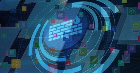 Showing central firewall icon framed by concentric rings at network panel with floating app icons