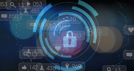 Image of padlock icon and data processing over media icons