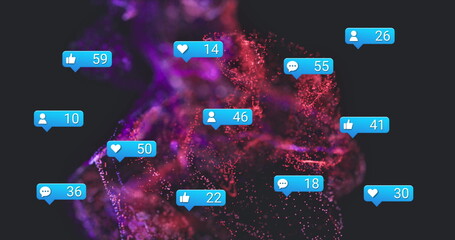 Swirling purple red particles in cyberspace, with blue social media notification bubbles