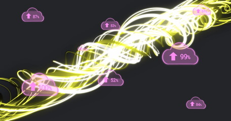 Flowing neon light stream representing data transfer in dark grey tech space, with pink cloud icons