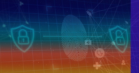 Connecting central fingerprint icon securing virtual grid environment, with shield padlock theme
