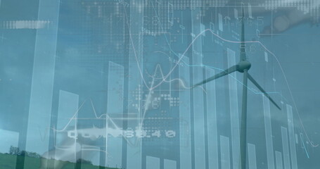 Displaying wind turbine intersecting bar charts and line graphs on grassy hill, with numerical data