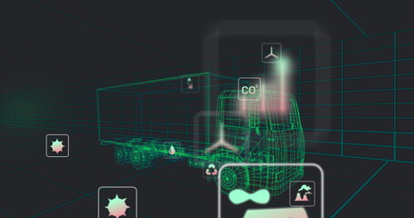 Displaying wireframe semi-trailer truck floating in grid 3D space, glowing CO2 and recycling icons