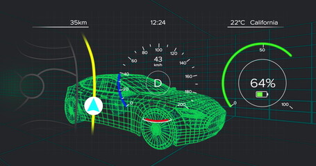 Showing green wireframe sports car navigating 3D grid tunnel, with speedometer and range indicator