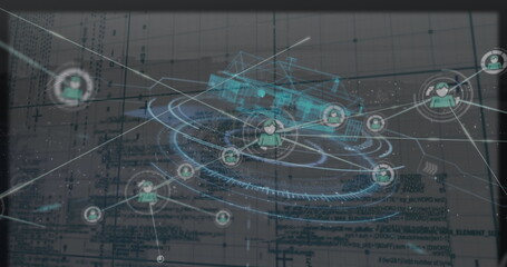 Projecting holographic network visual over digital workspace with circular nodes, concentric rings