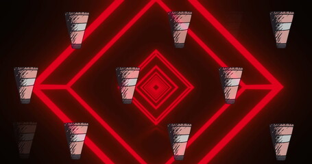 Glowing red nested diamond outlines pulsing in abstract black void, with hand-drawn takeaway cups