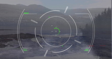 Concentric circular HUD overlay displaying interface over coastal inlet, with green indicators