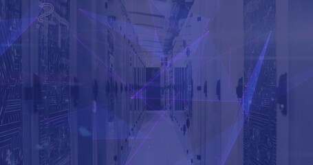 Showing server corridor with perforated racks, cable trays, lit LEDs in data center
