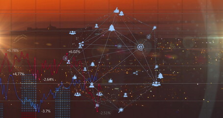 Displaying network graph overlay tracing changing data over city skyline at dusk, with social icons
