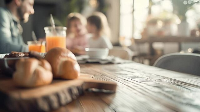 Empty rustic wooden dining table top with homemade dishes and pastries, orange jam against blurred family breakfast with children. Place for installation and advertising of products