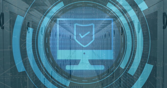Image of computer icon and data processing over server room