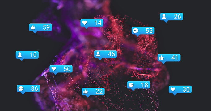 Swirling purple red particles in cyberspace, with blue social media notification bubbles