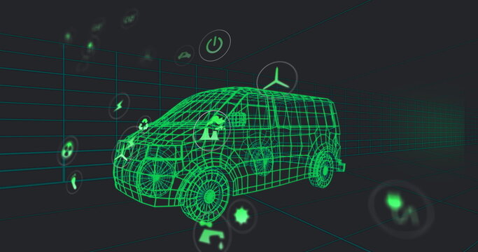 Rotating neon green wireframe van model in virtual 3D grid, with floating holographic icons - Powered by Adobe