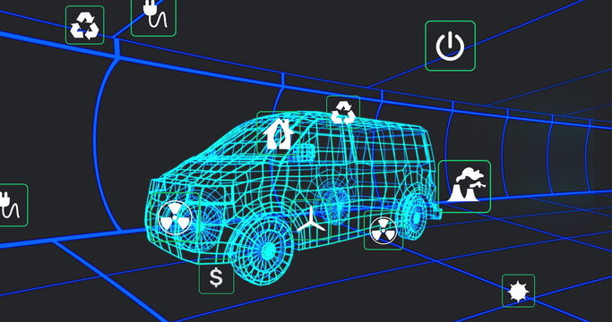 Moving cyan wireframe van traveling through blue grid tunnel, with floating green energy icons
