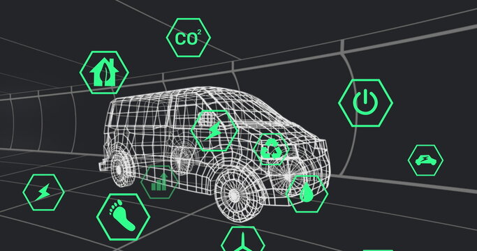 Displaying wireframe van model sliding through digital tunnel, with floating green hexagon icons