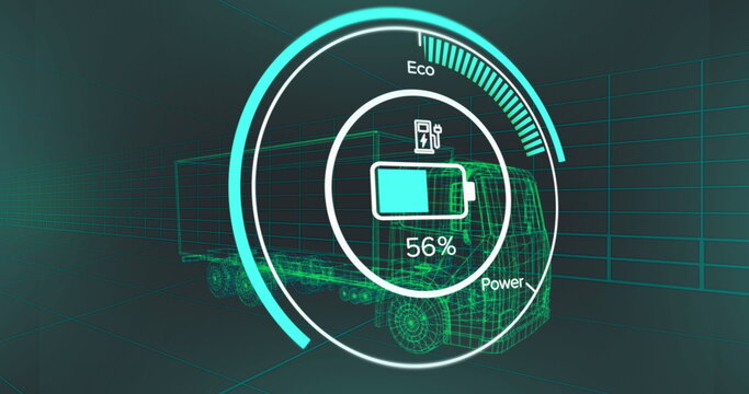 Fototapeta Displaying battery gauge at 56% with plug symbol, Eco Power arcs in 3D grid, wireframe truck