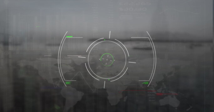 Displaying reticle with crosshairs overlaying world map in HUD, with grid lines and scope markings - Powered by Adobe