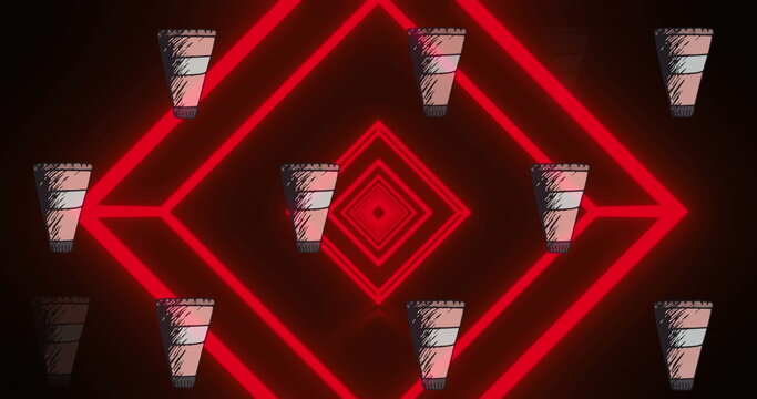 Glowing red nested diamond outlines pulsing in abstract black void, with hand-drawn takeaway cups