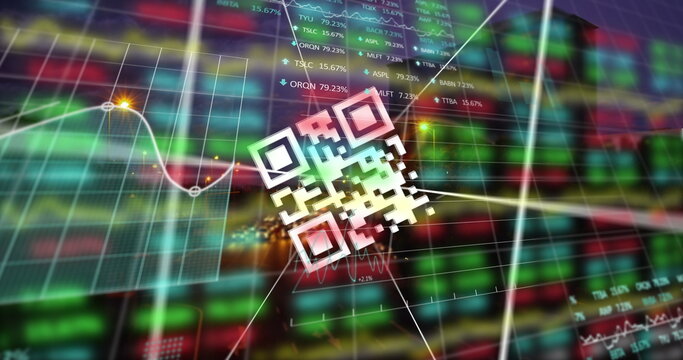 Floating QR code icon hovering center on dashboard, with stock tickers, line graph and grid overlay