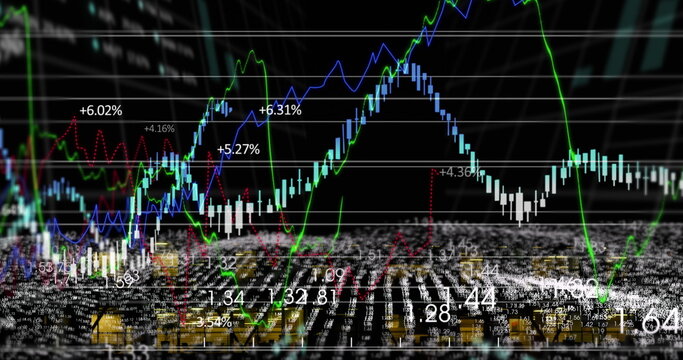 Streaming 3D market line graphs in virtual space with blurred code plane, candlesticks and % labels