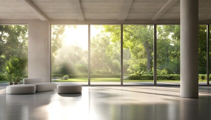 Fototapeta premium Modern interior design with large windows showcasing a lush garden.