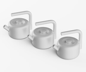 Three modern gray kettles isolated on white background for cooking and home use