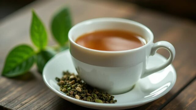 A delicate cup of tea placed on a saucer on a wooden table, ready to be enjoyed.