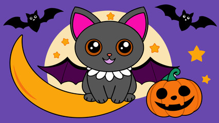 Adorable bat kitty halloween design element