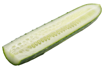 Fresh green cucumber slice vegetable ingredient for salad close up view isolated on transparent background
