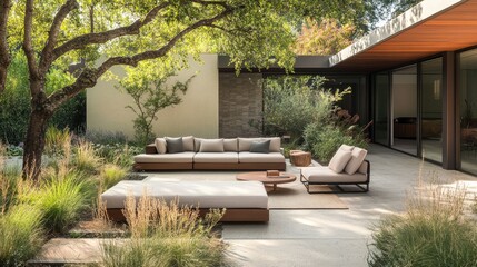 Tranquil Outdoor Living Space with Modern Furniture and Lush Greenery in a Serene Garden Setting
