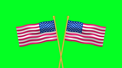two waving crossed united states of america national flag with golden flag pole on green screen. national flag of usa.